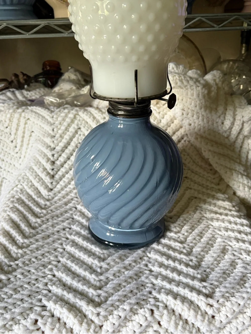 Vintage-Style Blue Kadaan Oil Lamp with White Hobnail Shade